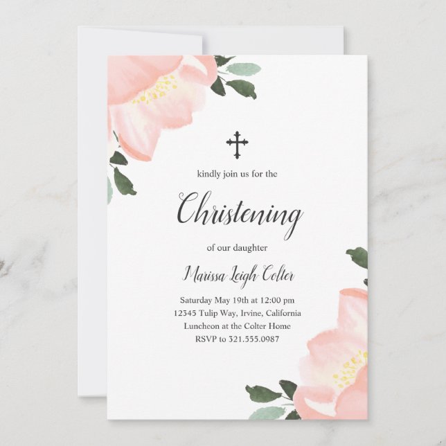 Pink Watercolor Floral Elegant Christening Invitation (Front)