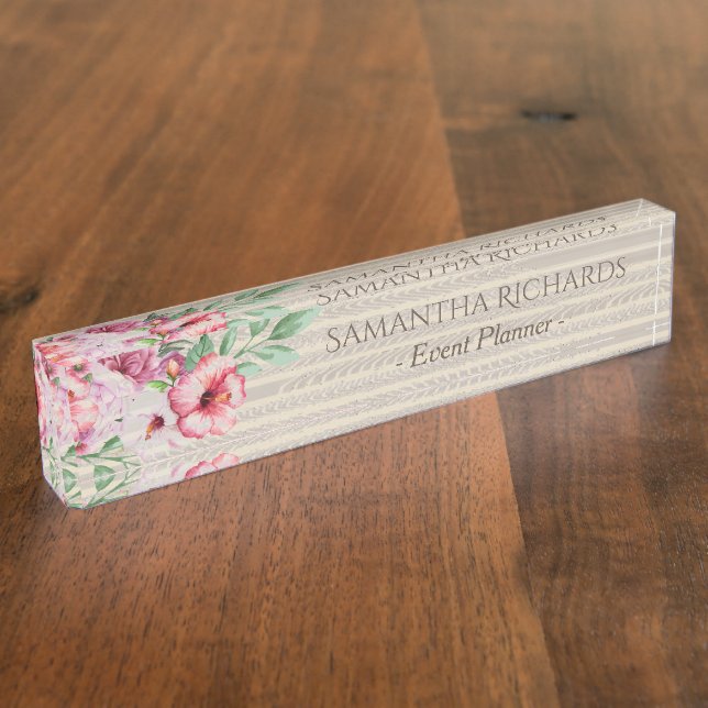 Pink Watercolor Floral Elegant Rustic Personalised Nameplate (Side)