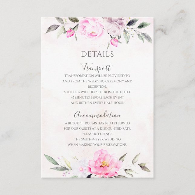 Pink Watercolor Floral Elegant Wedding Details Enclosure Card (Front)
