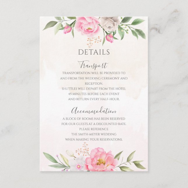 Pink Watercolor Floral Elegant Wedding Details Enclosure Card (Front)