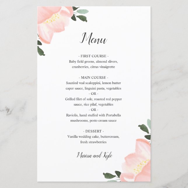 Pink Watercolor Floral Elegant Wedding Menu (Front)
