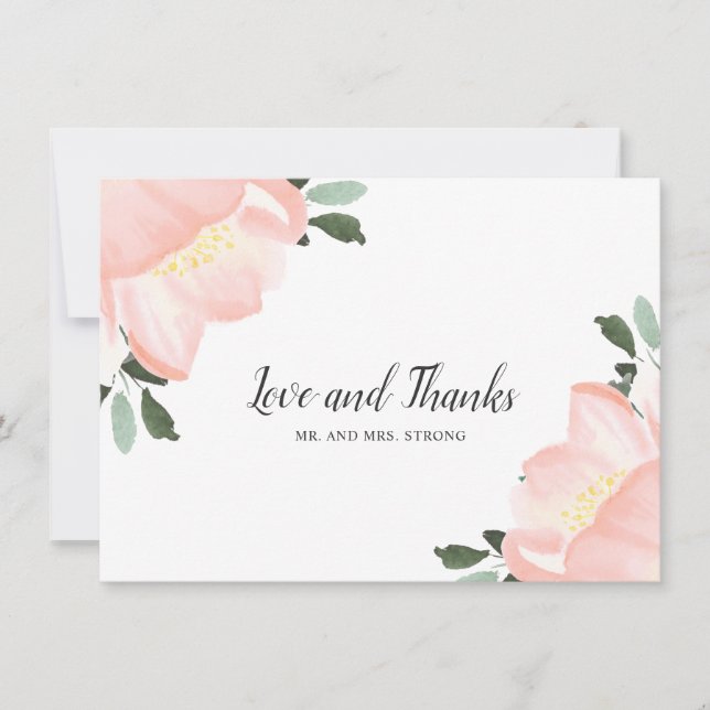 Pink Watercolor Floral Elegant Wedding Thank You Card (Front)