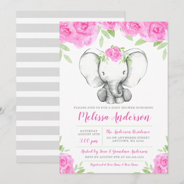 Pink Watercolor Floral Elephant Baby Shower Invitation (Front/Back)
