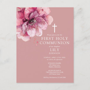 Pink Watercolor Floral First Holy Communion Invite Postcard
