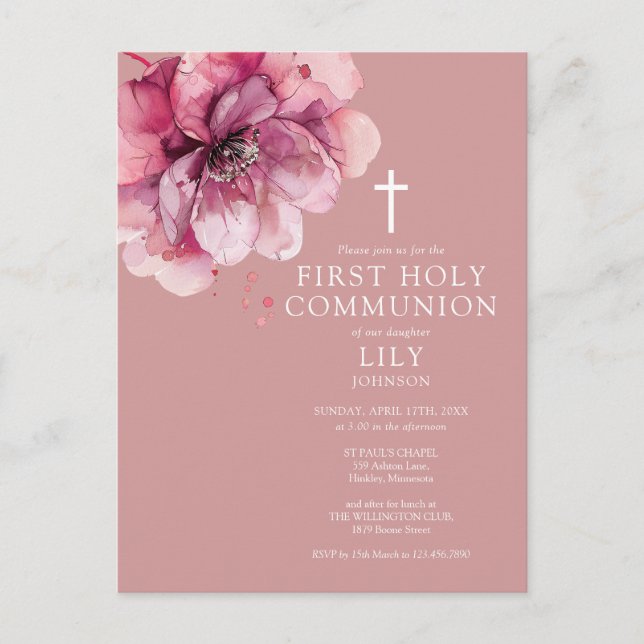 Pink Watercolor Floral First Holy Communion Invite Postcard (Front)