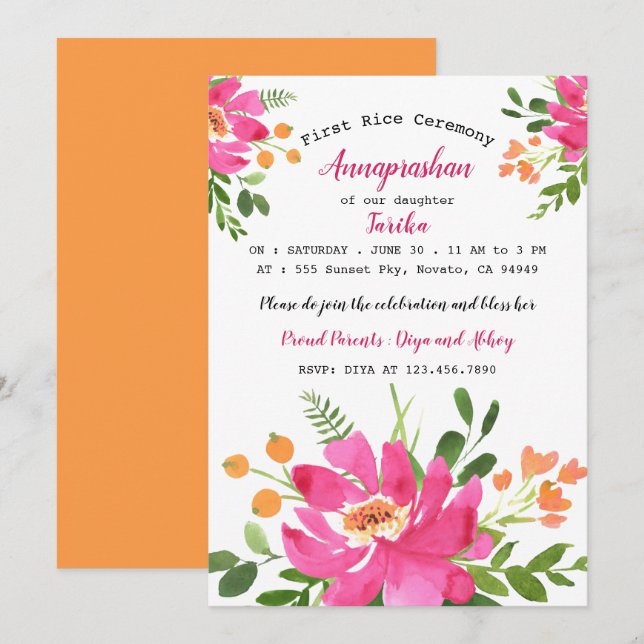 Pink Watercolor Floral First Rice Annaprashan Invitation (Front/Back)