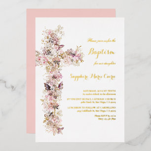 Pink Watercolor Floral Foil Baptism Invitation