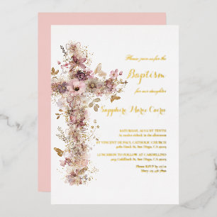 Pink Watercolor Floral Foil Baptism Invitation