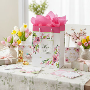 Pink watercolor floral frame custom medium gift bag