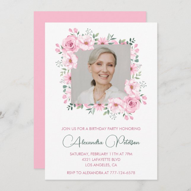 Pink Watercolor Floral Frame Photo 87th birthday Invitation (Front/Back)
