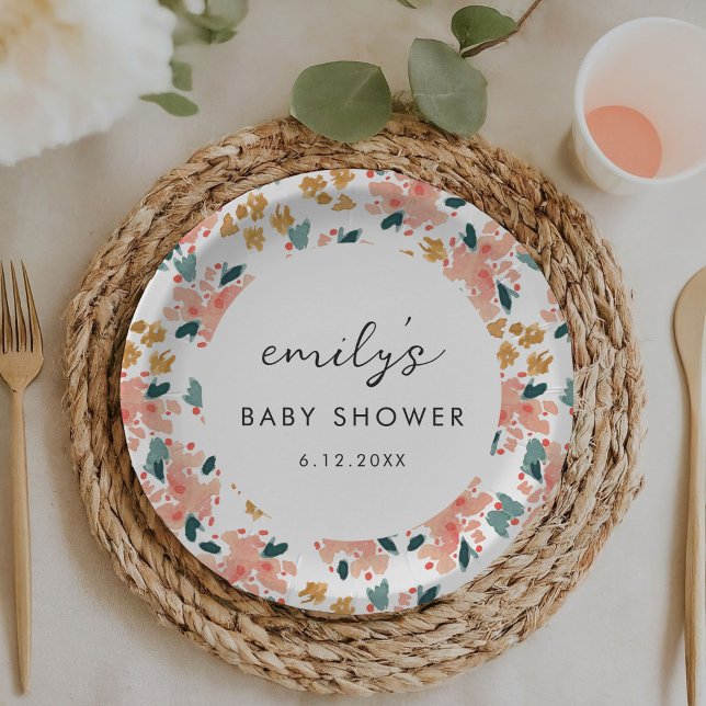 Pink Watercolor Floral Garden Baby Shower Paper Plate (Pink watercolor floral garden baby or bridal shower personalized paper plates.)