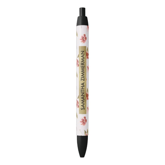 Pink Watercolor Floral Garden Black Ink Pen (Front Vertical)