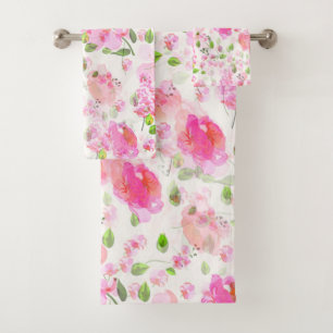 Pink Watercolor Floral Garden Pattern Bath Towel Set