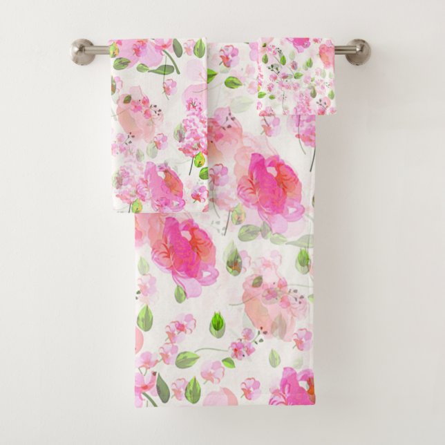 Pink Watercolor Floral Garden Pattern Bath Towel Set (Insitu)