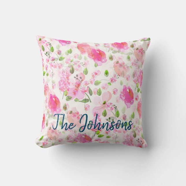 Pink Watercolor Floral Garden Pattern Cushion (Front)