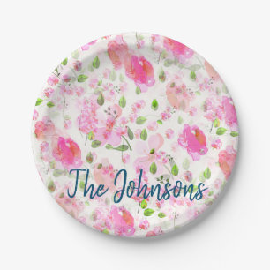 Pink Watercolor Floral Garden Pattern Paper Plate