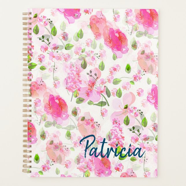 Pink Watercolor Floral Garden Pattern Planner (Front)