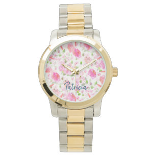 Pink Watercolor Floral Garden Pattern Watch