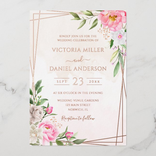 Pink Watercolor Floral Geometric Gold Wedding (Front)