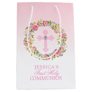 Pink Watercolor Floral Girl First Holy Communion Medium Gift Bag