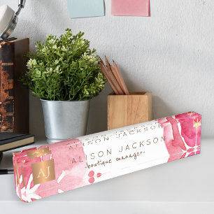 Pink watercolor floral gold copper monogrammed nameplate