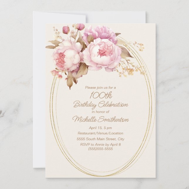 Pink Watercolor Floral Gold Frame 100th Birthday Invitation (Front)