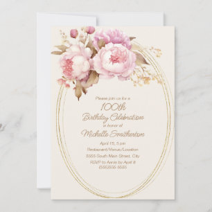 Pink Watercolor Floral Gold Frame 100th Birthday Invitation