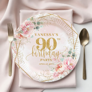 Pink Watercolor Floral Gold Frame 90th Birthday Paper Plate