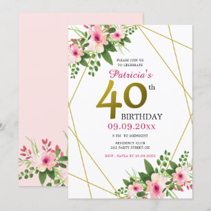 Pink Watercolor Floral Gold Glitter 40th Birthday Invitation