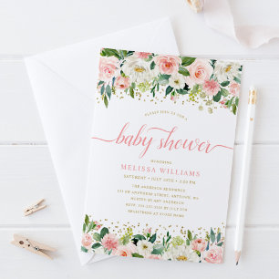 Pink Watercolor Floral Gold Glitter Baby Shower Invitation
