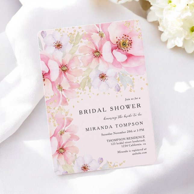 Pink Watercolor Floral Gold Glitter Bridal Shower Invitation (Pink Watercolor Floral Gold Glitter Bridal Shower Invitation)