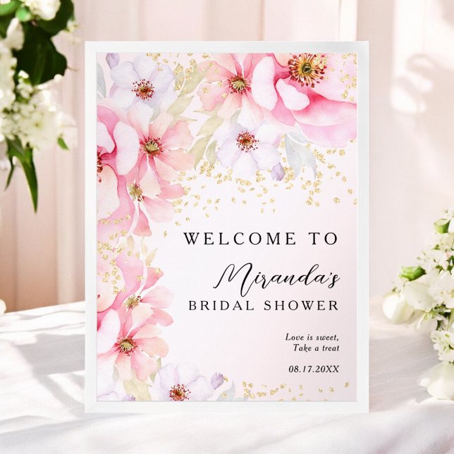 Pink Watercolor Floral Gold Glitter Bridal Shower Poster (Pink Watercolor Floral Gold Glitter Bridal Shower Poster)
