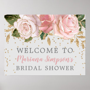 Pink Watercolor Floral Gold Glitter Welcome Sign