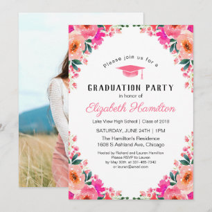 Pink Watercolor Floral Graduation Party Photo Invitation