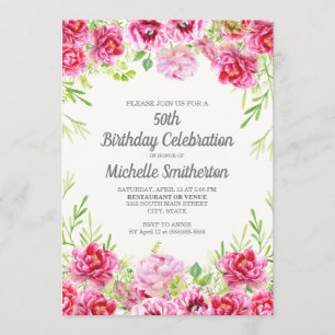 Pink Watercolor Floral Greenery 50th Birthday Invitation