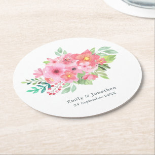 Pink Watercolor Floral Greenery Names Date Wedding Round Paper Coaster