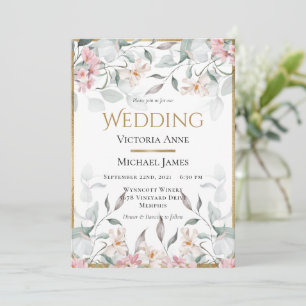 Pink Watercolor Floral Greenery Wedding Invitation