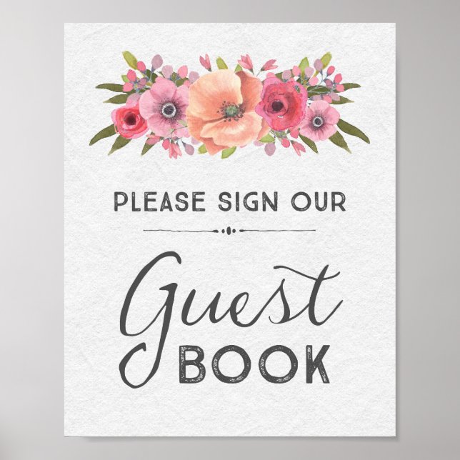Pink Watercolor Floral Guest Book Wedding Sign (Front)