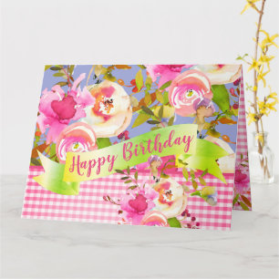 Pink Watercolor Floral Happy Birthday with Message Card