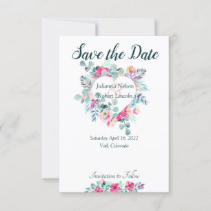 Pink watercolor floral heart save the date invitat invitation