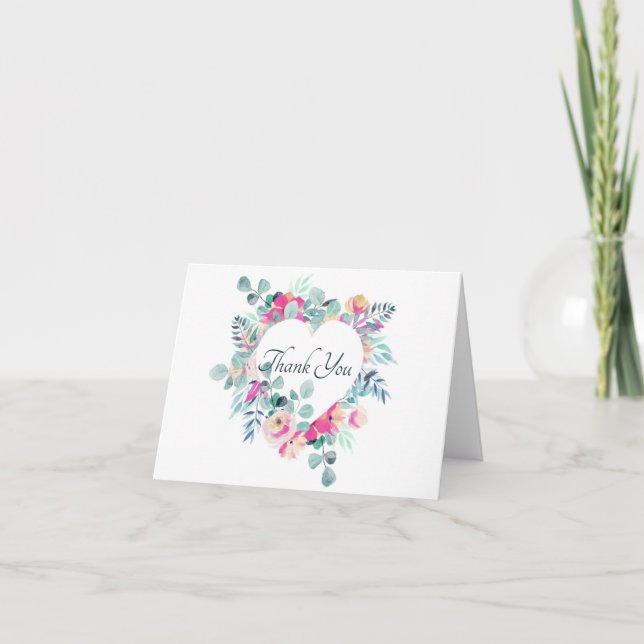 Pink watercolor floral heart thank you card (Front)