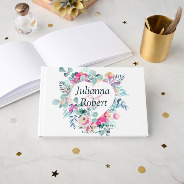 Pink watercolor floral heart  wedding  guest book (Front Open)