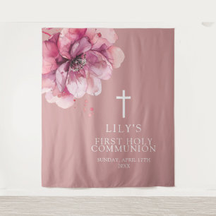 Pink Watercolor Floral Holy Communion Backdrop Tapestry