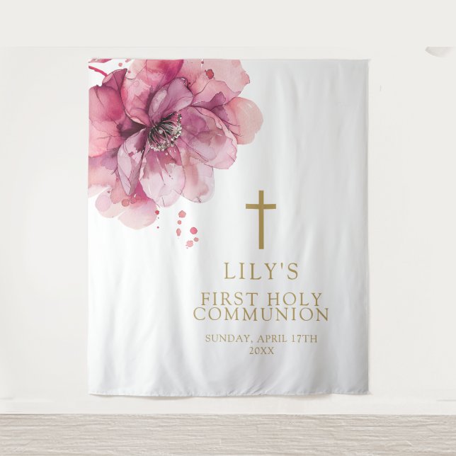 Pink Watercolor Floral Holy Communion Backdrop Tapestry (Front)