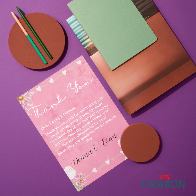 Pink Watercolor Floral Illustration Wedding Thank You Card (Creator Uploaded)