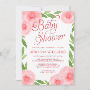 Pink Watercolor Floral Leaf Girl Baby Shower Invitation