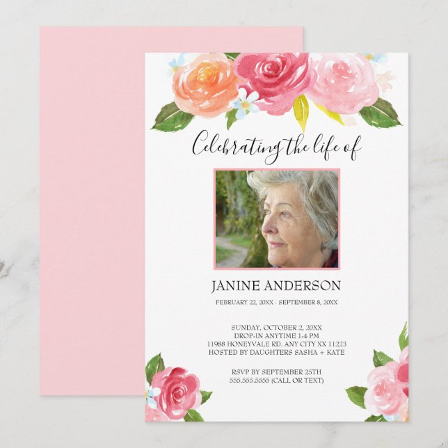 Pink watercolor floral Life celebration photo Invitation (Front/Back)
