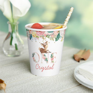 Pink Watercolor Floral Little Deer First Birthday Paper Cups