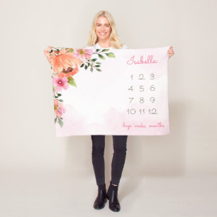 Pink Watercolor Floral Milestone  Fleece Blanket