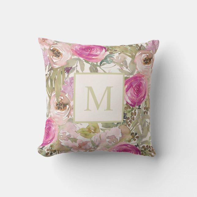 Pink Watercolor Floral Monogram Initial   Cushion (Front)